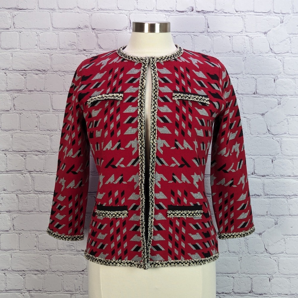 Kasper Cardigan Jacket Women PM Red Geometric Fringe Trim 3/4 Sleeve Sweater
